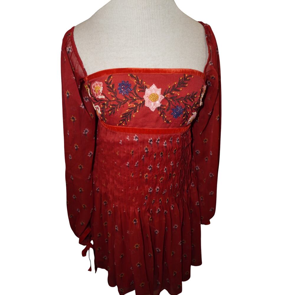 Free People Through The Meadows Mini Dress Red Embroidered Boho Fairycore S - Picture 6 of 10